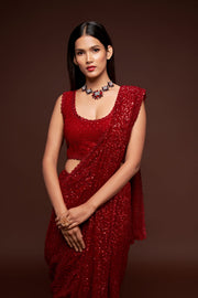 Maroon Red Sequin Work Party Wear Saree