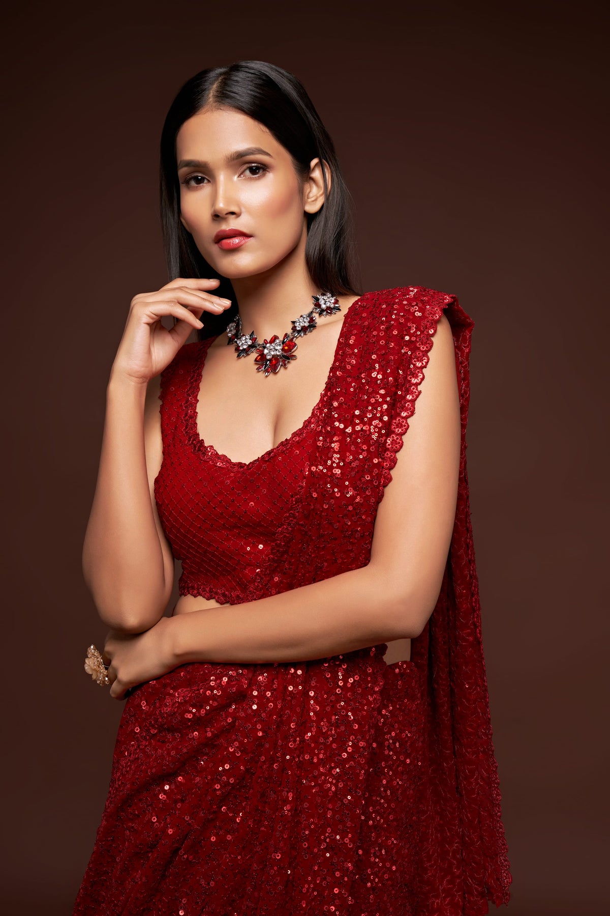 Maroon Red Sequin Work Party Wear Saree