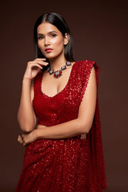 Maroon Red Sequin Work Party Wear Saree