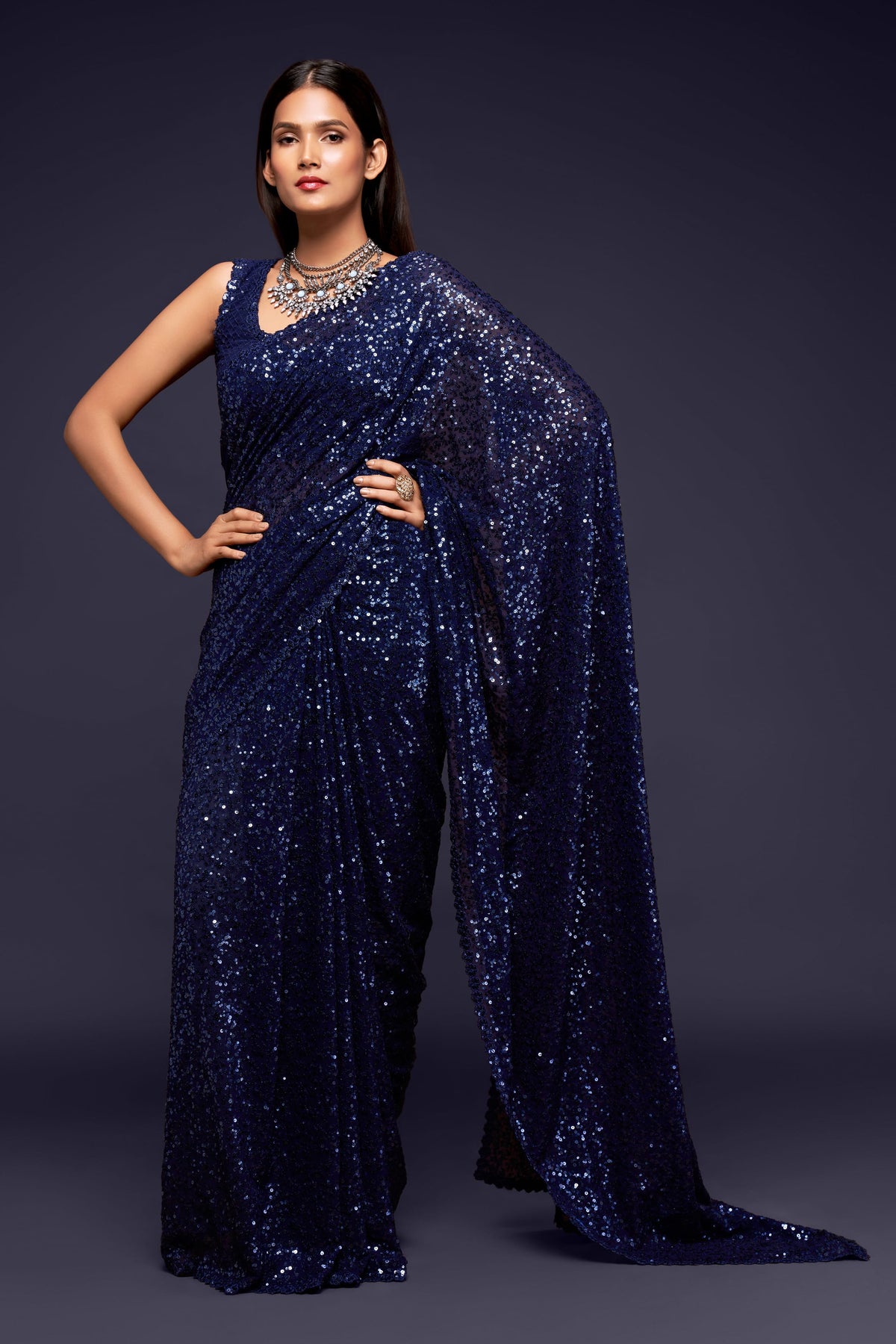 Navy Blue Sequin Work Party Wear Saree