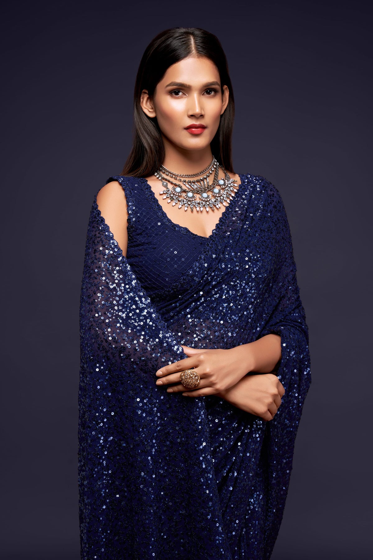 Navy Blue Sequin Work Party Wear Saree
