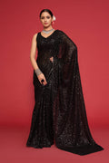 Black Sequin Work Party Wear Saree with Designer Blouse