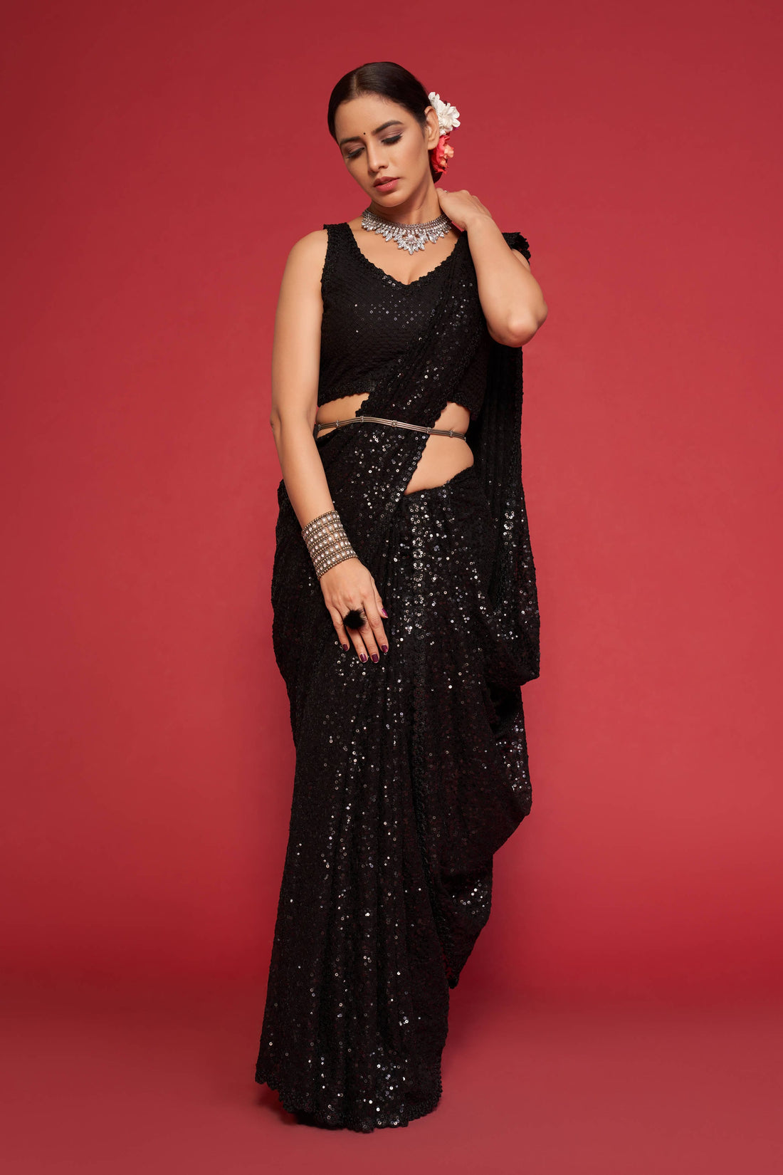 Black Sequin Work Party Wear Saree with Designer Blouse
