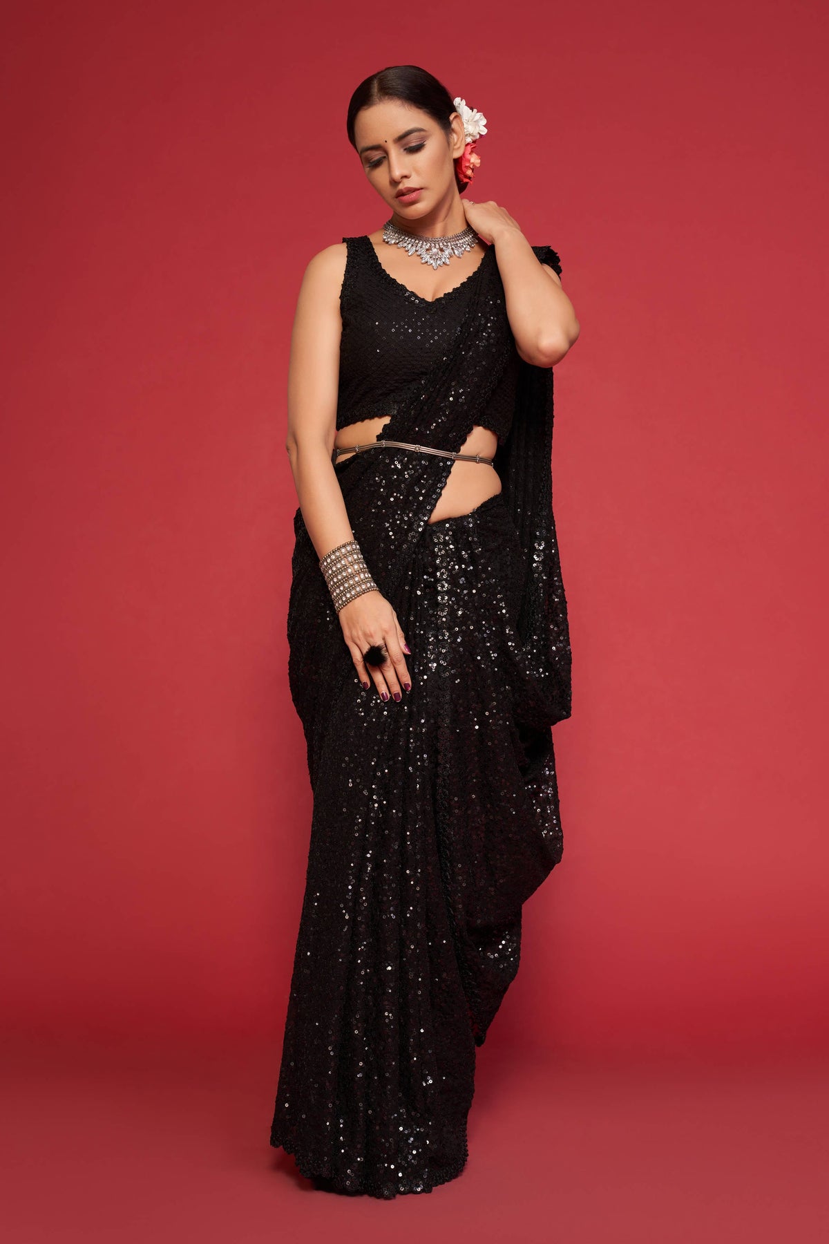 Black Sequin Work Party Wear Saree with Designer Blouse
