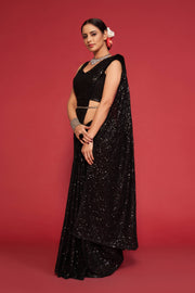 Black Sequin Work Party Wear Saree with Designer Blouse