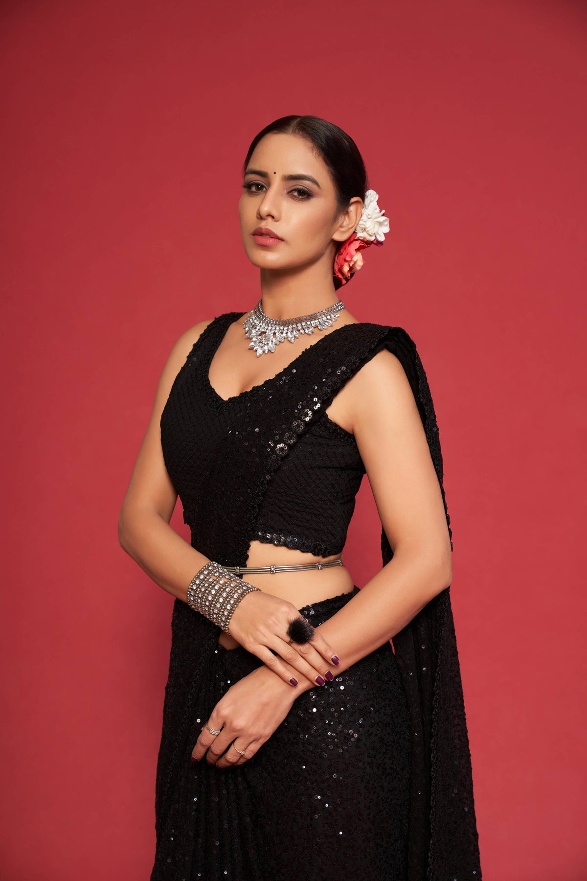 Black Sequin Work Party Wear Saree with Designer Blouse