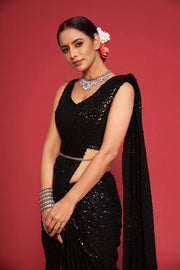 Black Sequin Work Party Wear Saree with Designer Blouse