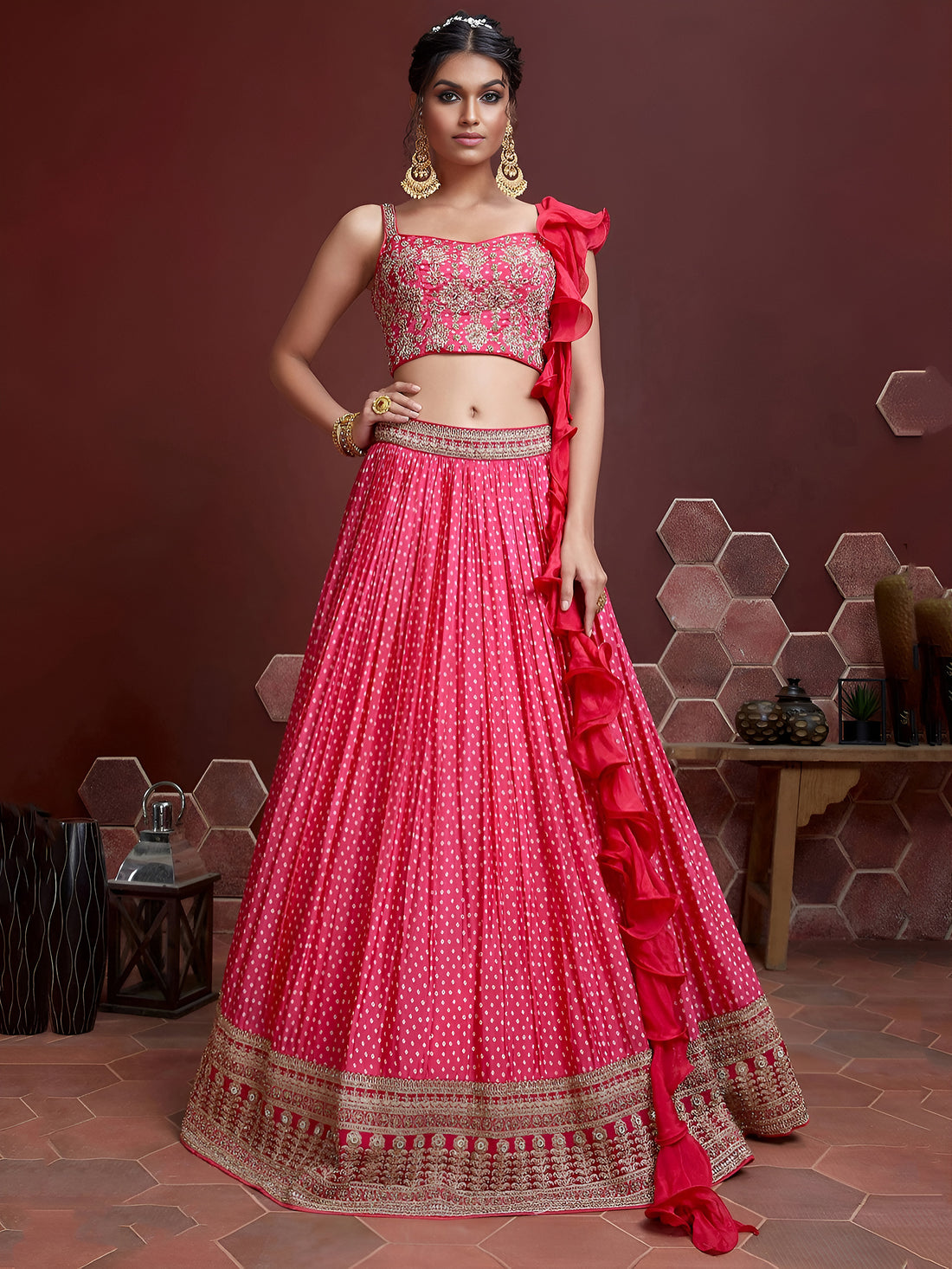 Hot Pink Polka Dot Lehenga Choli with Gold Embroidered Border