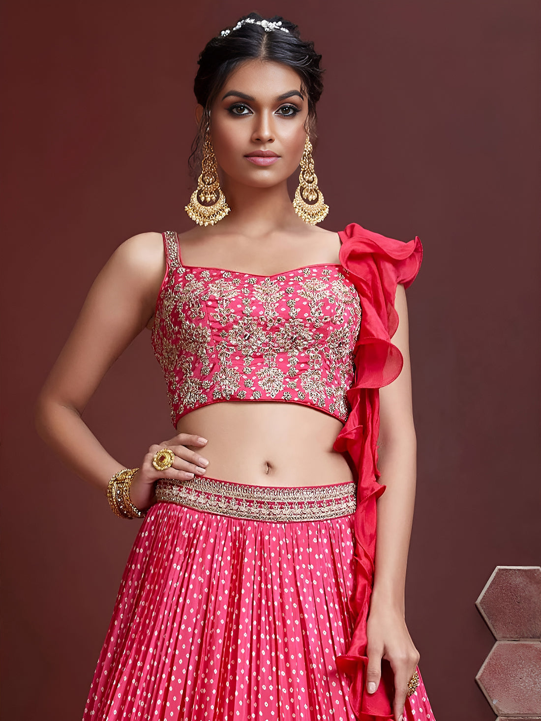 Hot Pink Polka Dot Lehenga Choli with Gold Embroidered Border