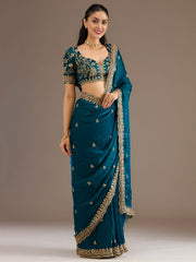Teal Blue Silk Saree with Golden Embroidered Border