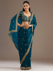 Teal Blue Silk Saree with Golden Embroidered Border