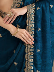 Teal Blue Silk Saree with Golden Embroidered Border