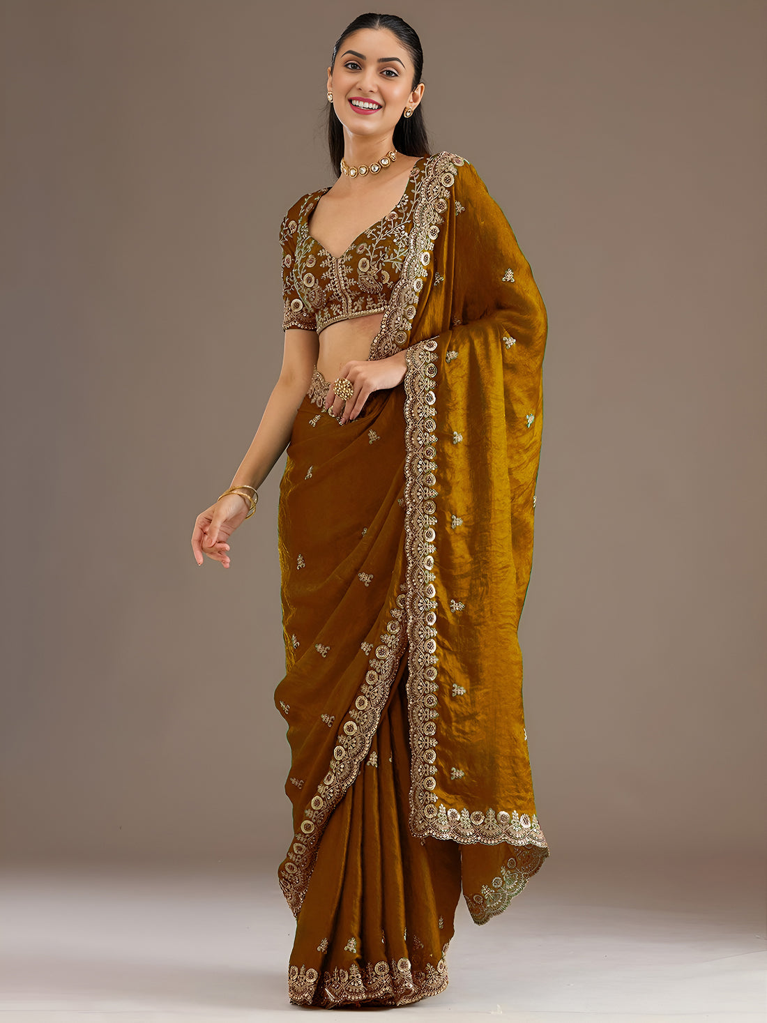 Mustard Gold Silk Saree with Intricate Golden Embroidered Border