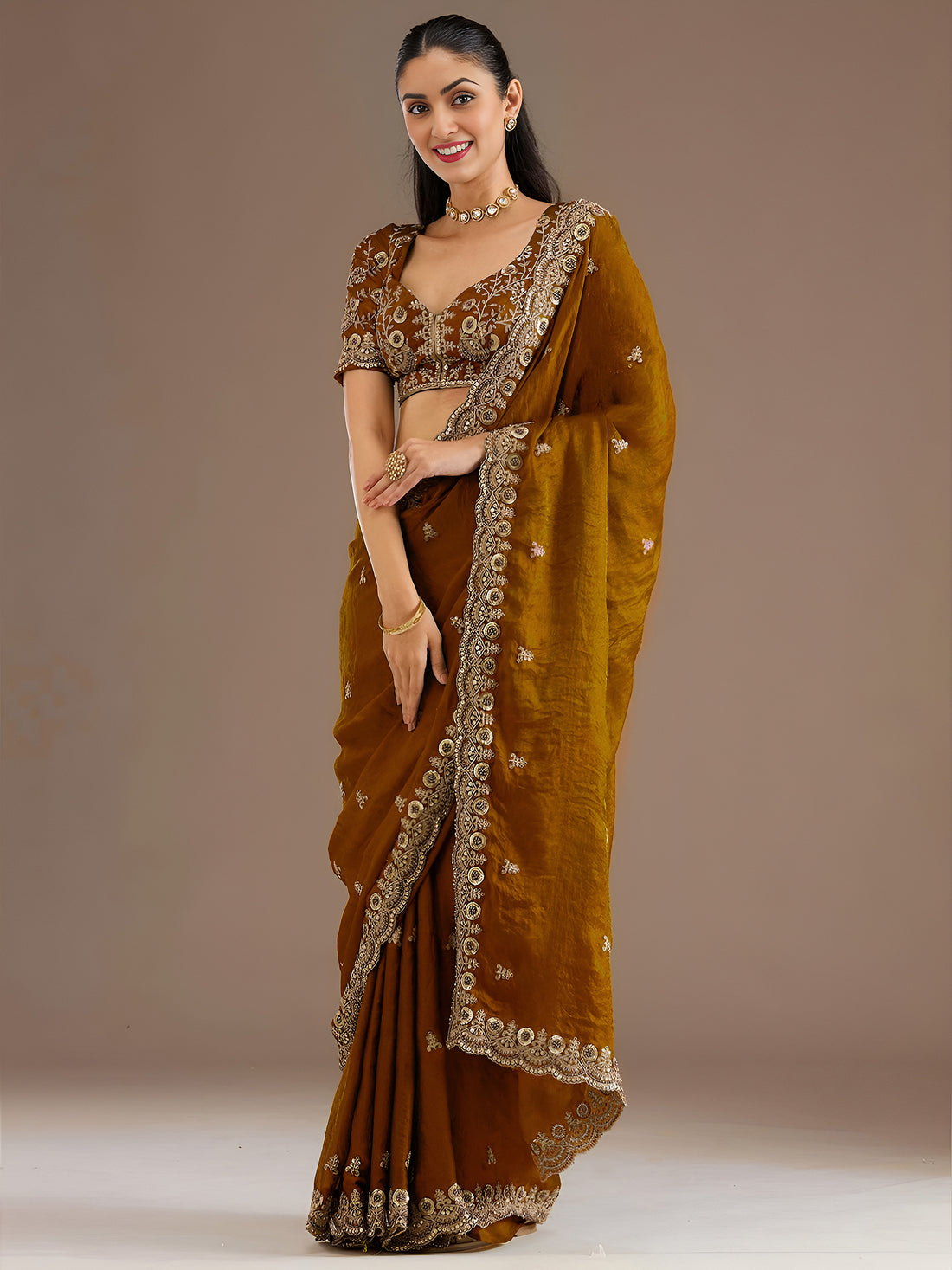 Mustard Gold Silk Saree with Intricate Golden Embroidered Border