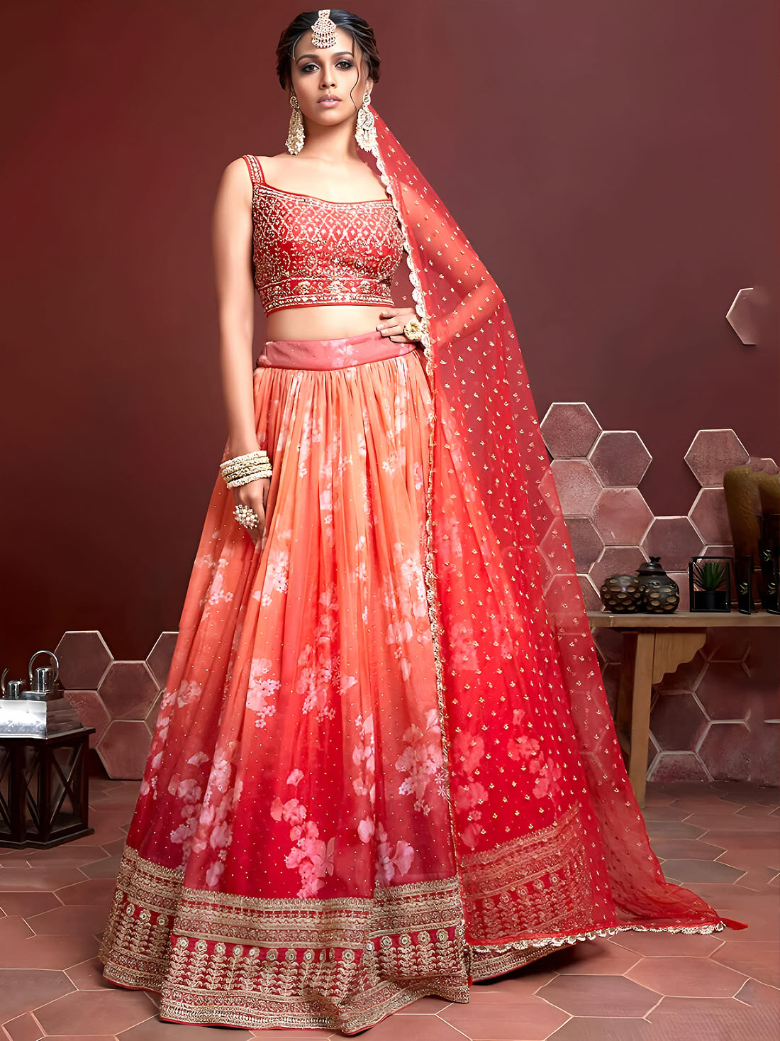Coral Orange Floral Lehenga Choli with Gold Embroidered Border and Designer Dupatta