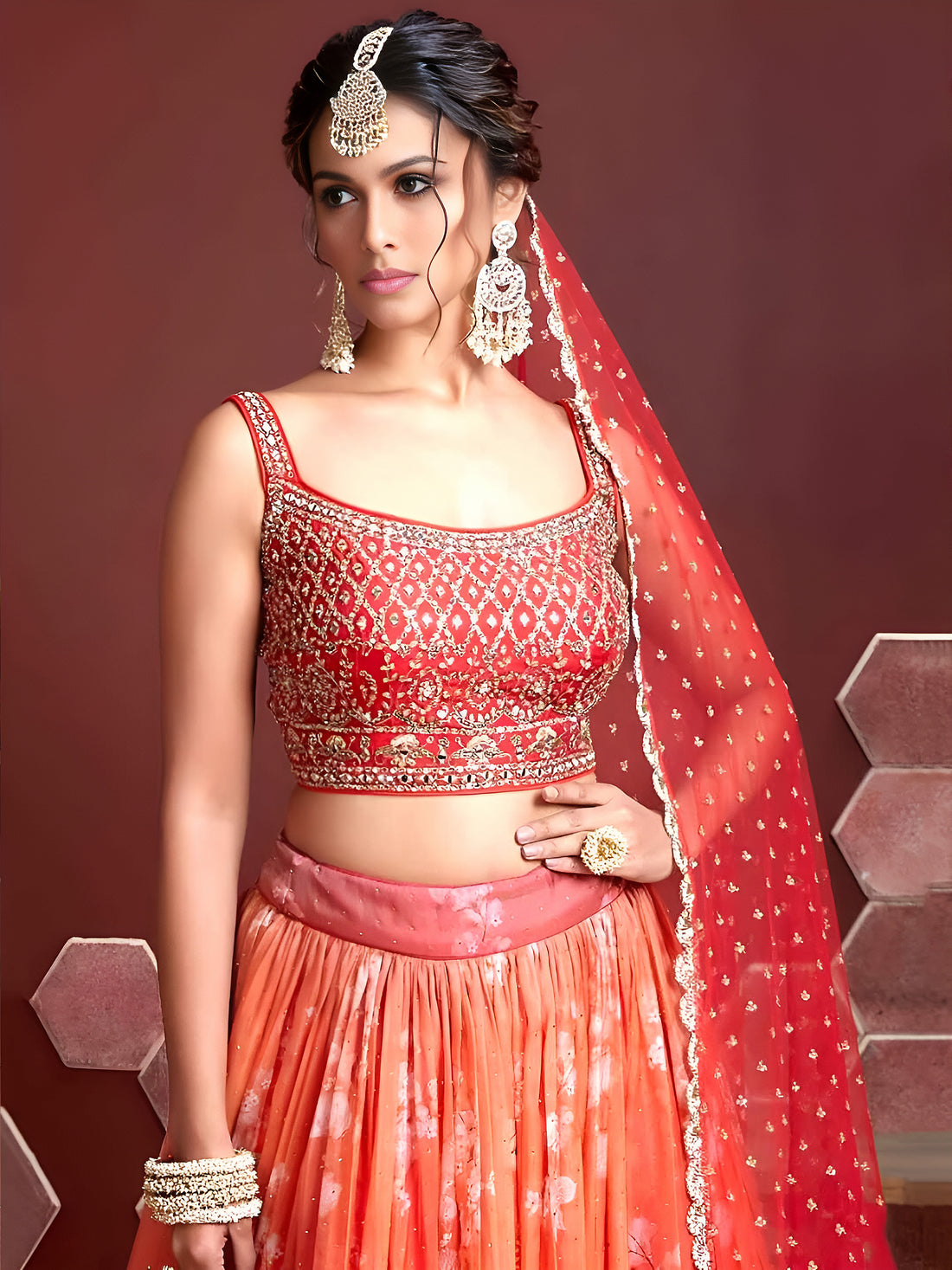 Coral Orange Floral Lehenga Choli with Gold Embroidered Border and Designer Dupatta