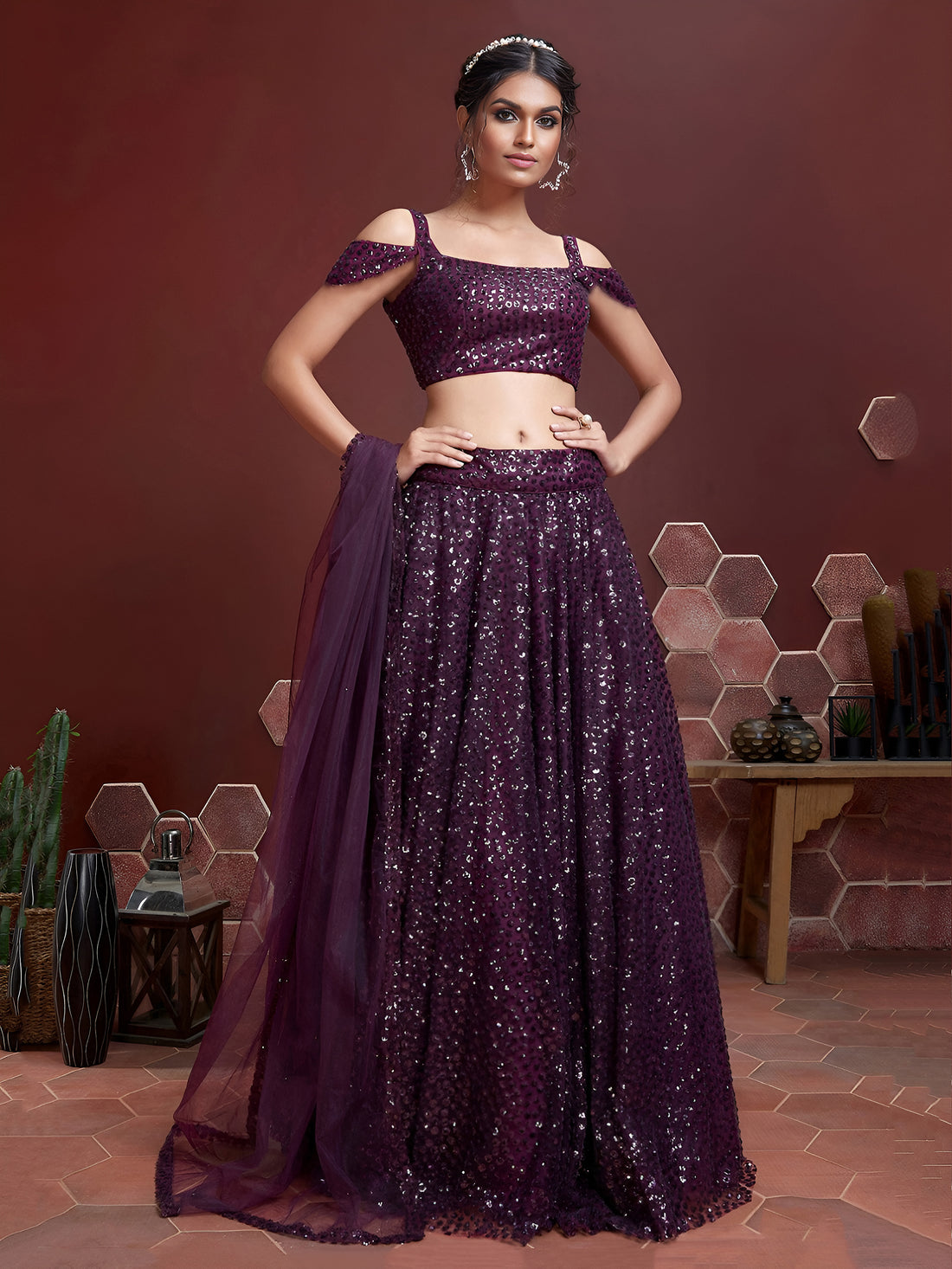 Purple Sequin Embroidered Lehenga Choli with Dupatta