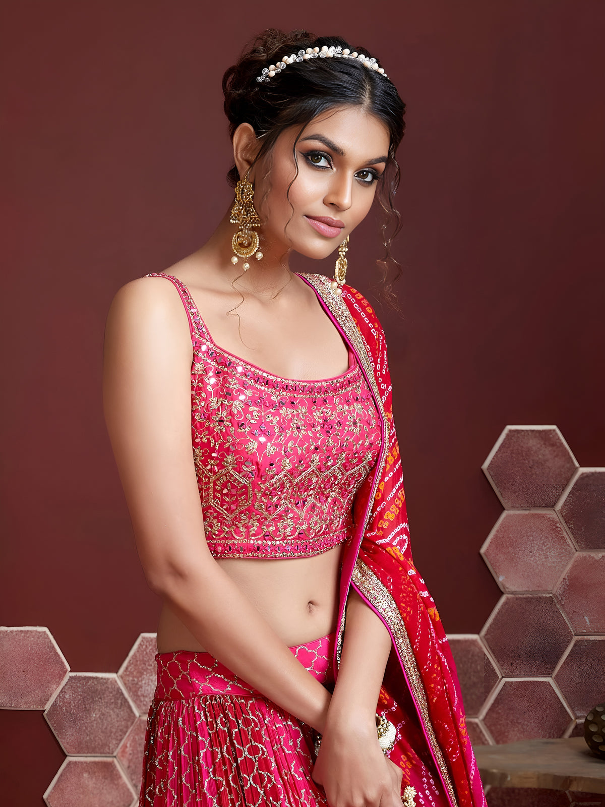 Rani Pink Bandhani Lehenga Choli with Designer Dupatta