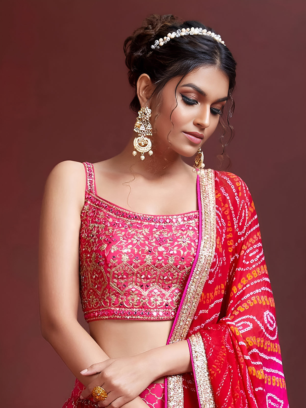Rani Pink Bandhani Lehenga Choli with Designer Dupatta