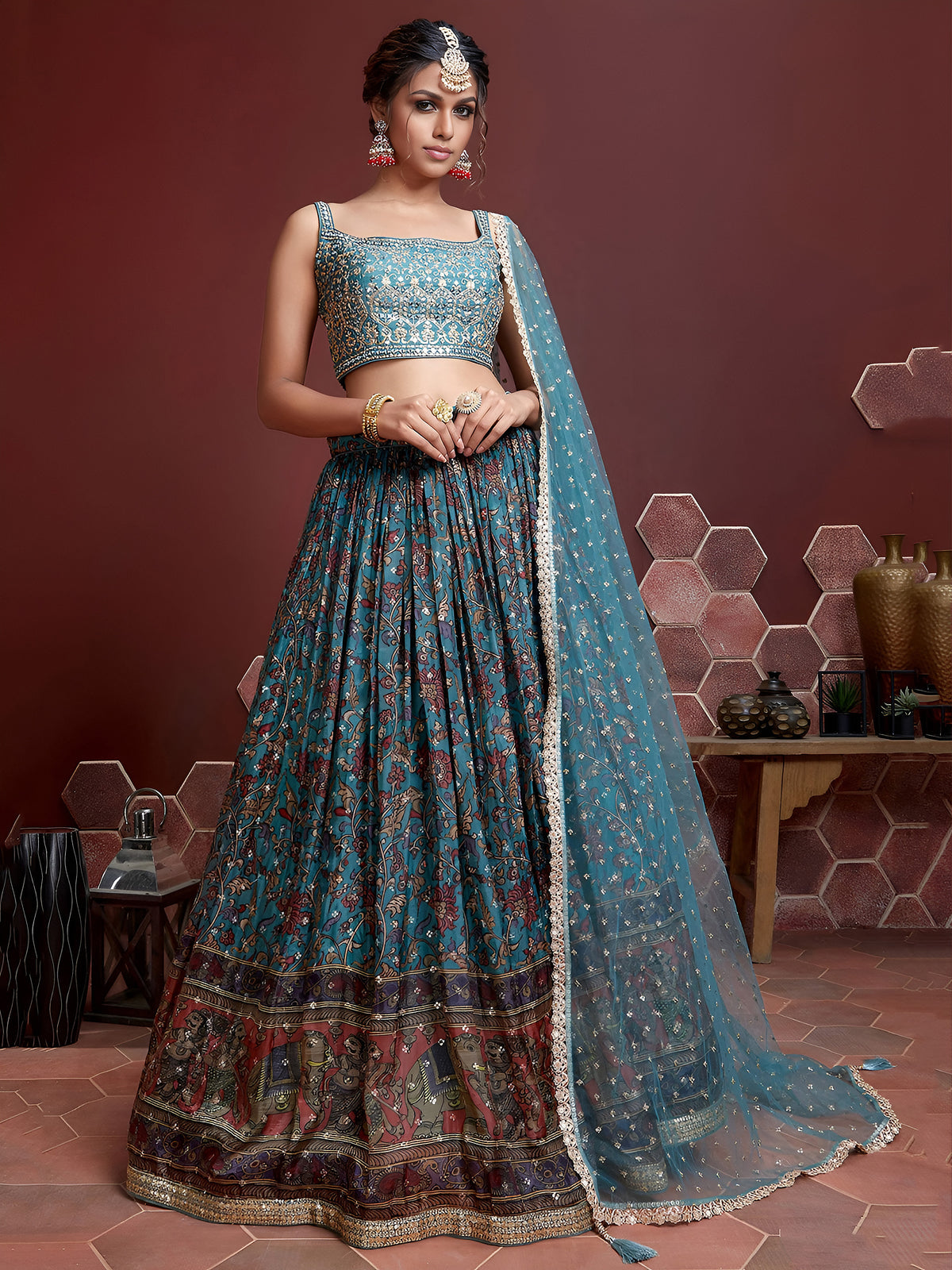 Teal Blue Floral Printed Lehenga Choli with Embroidered Dupatta