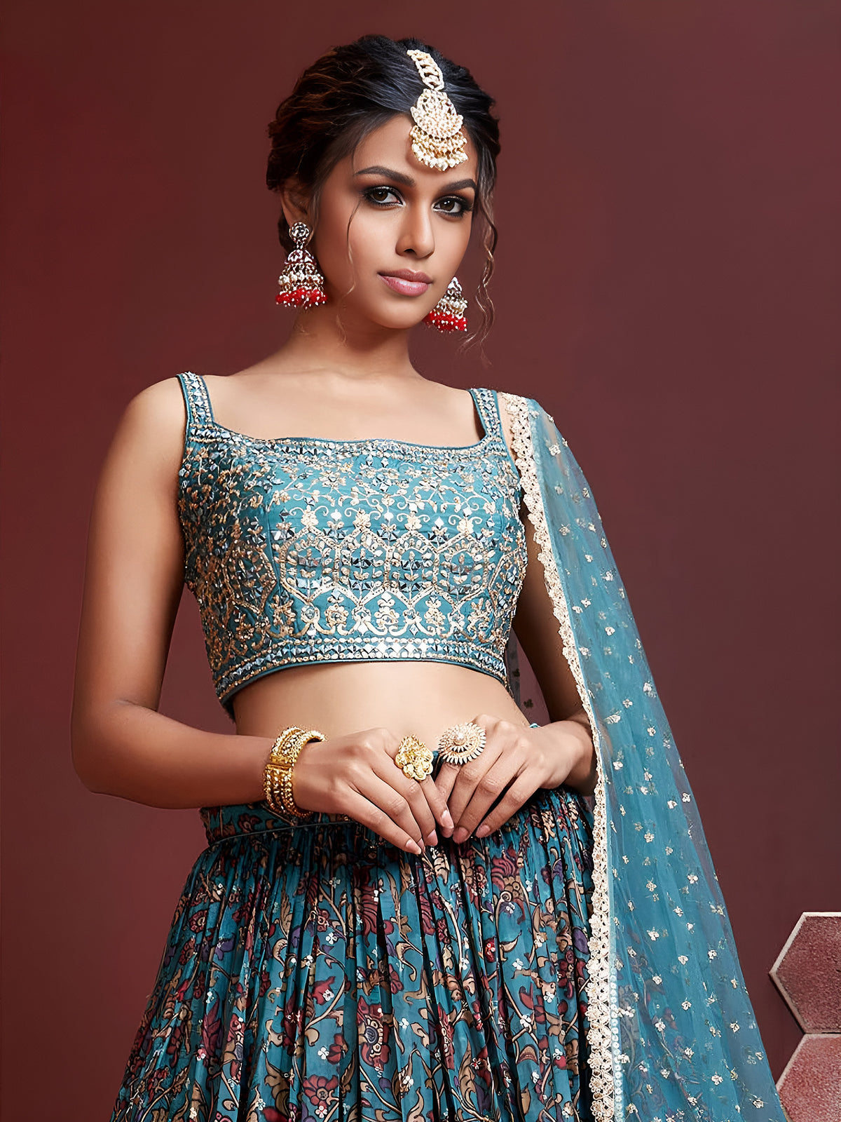 Teal Blue Floral Printed Lehenga Choli with Embroidered Dupatta