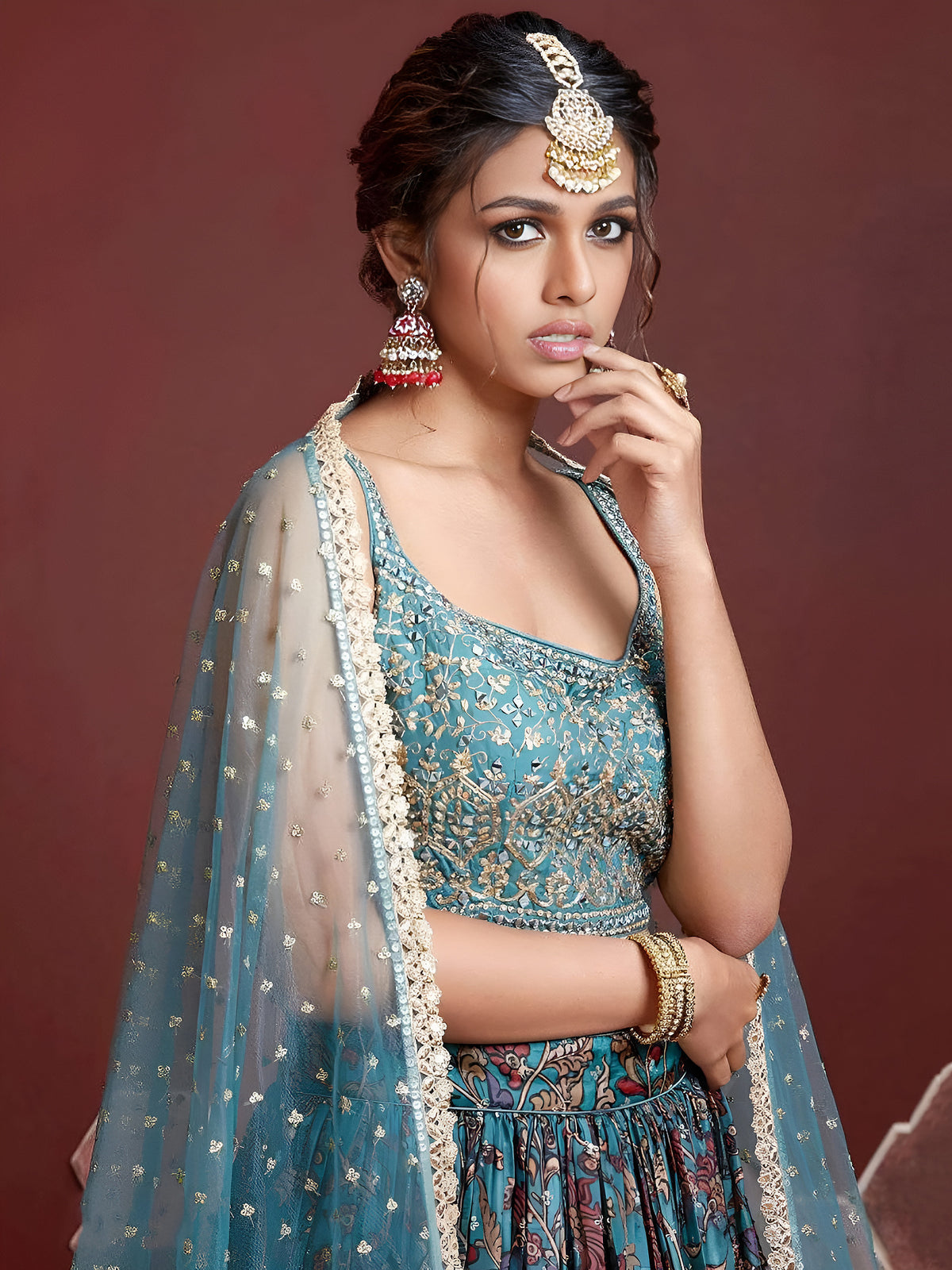 Teal Blue Floral Printed Lehenga Choli with Embroidered Dupatta