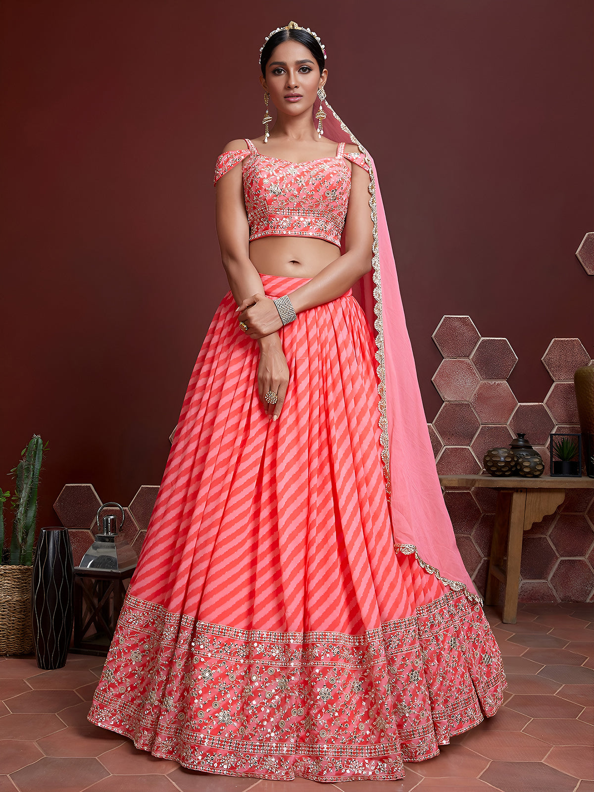 Coral Peach Striped Lehenga Choli with Embroidered Border & Dupatta