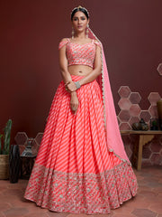 Coral Peach Striped Lehenga Choli with Embroidered Border & Dupatta