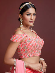 Coral Peach Striped Lehenga Choli with Embroidered Border & Dupatta