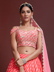 Coral Peach Striped Lehenga Choli with Embroidered Border & Dupatta