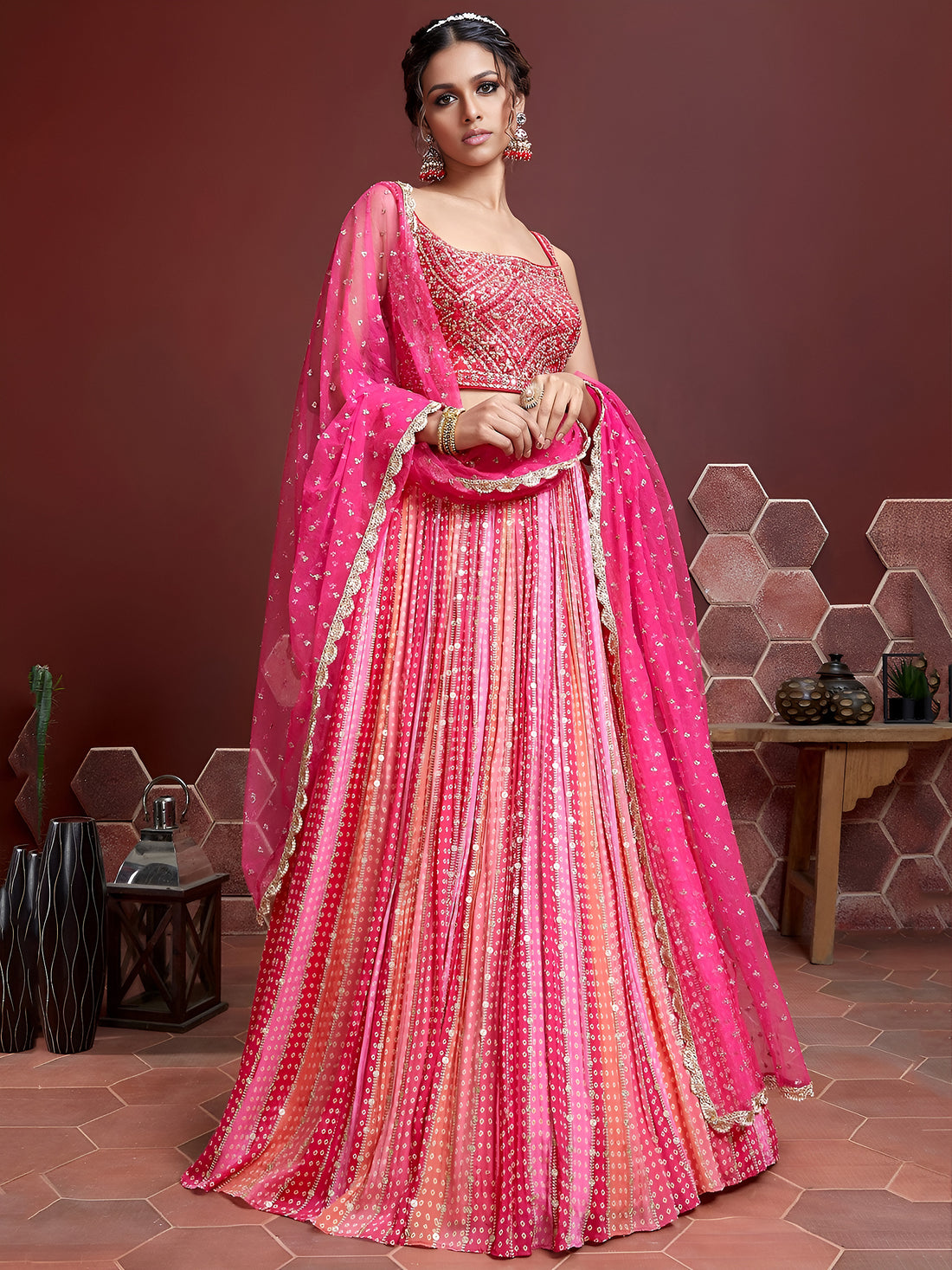 Pink Sequin Embroidered Lehenga Choli with Dupatta