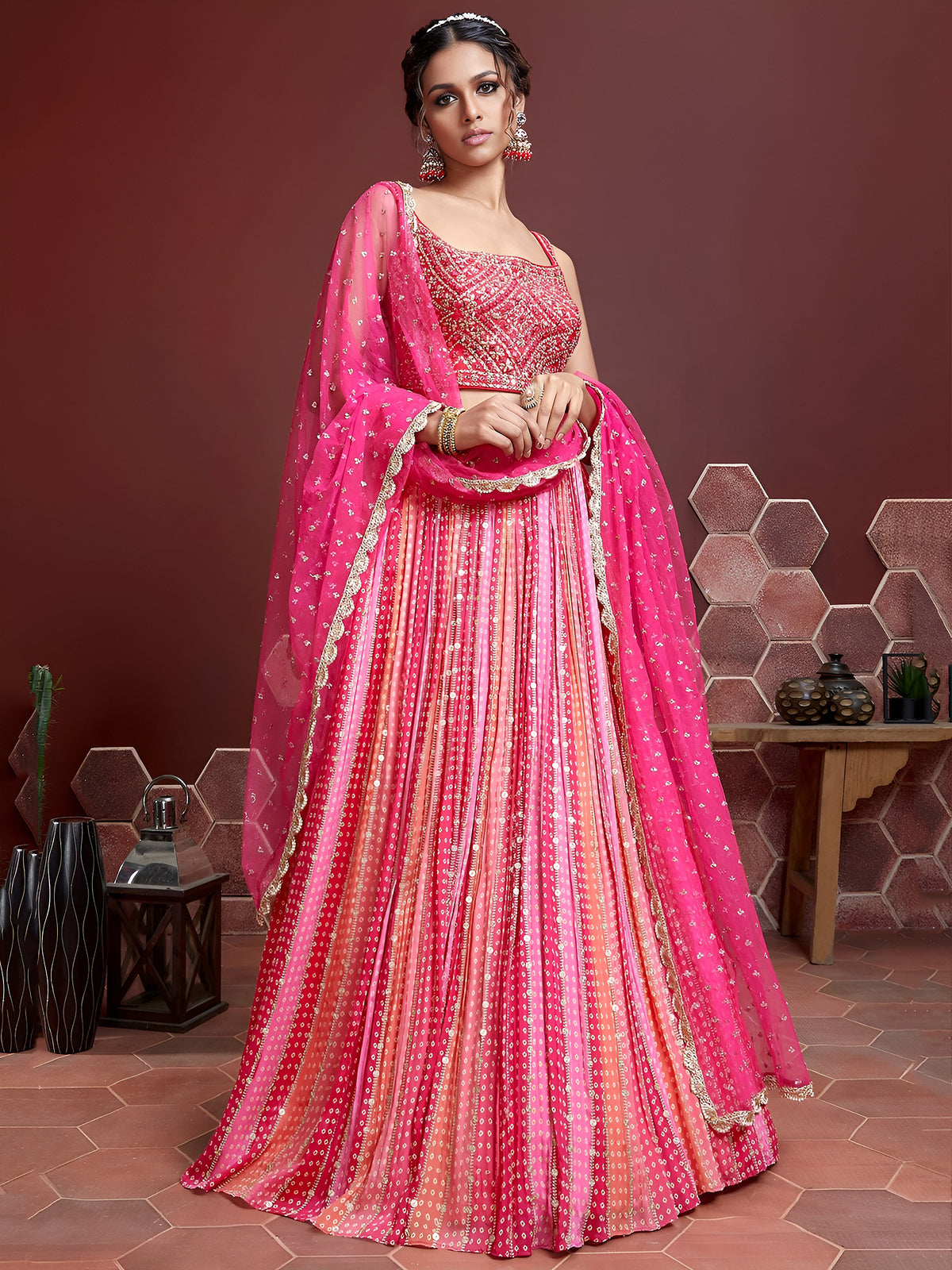 Pink Sequin Embroidered Lehenga Choli with Dupatta