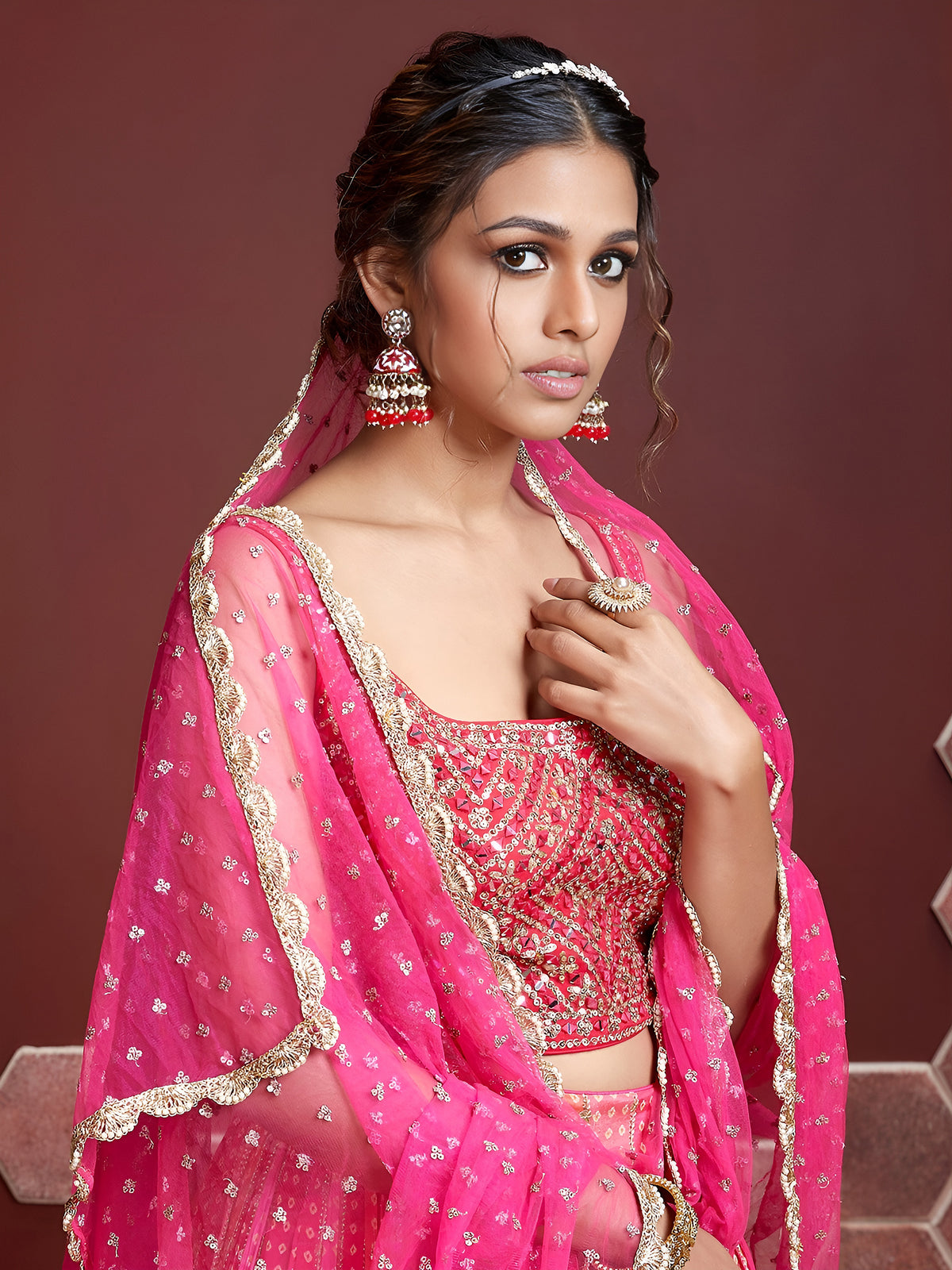 Pink Sequin Embroidered Lehenga Choli with Dupatta