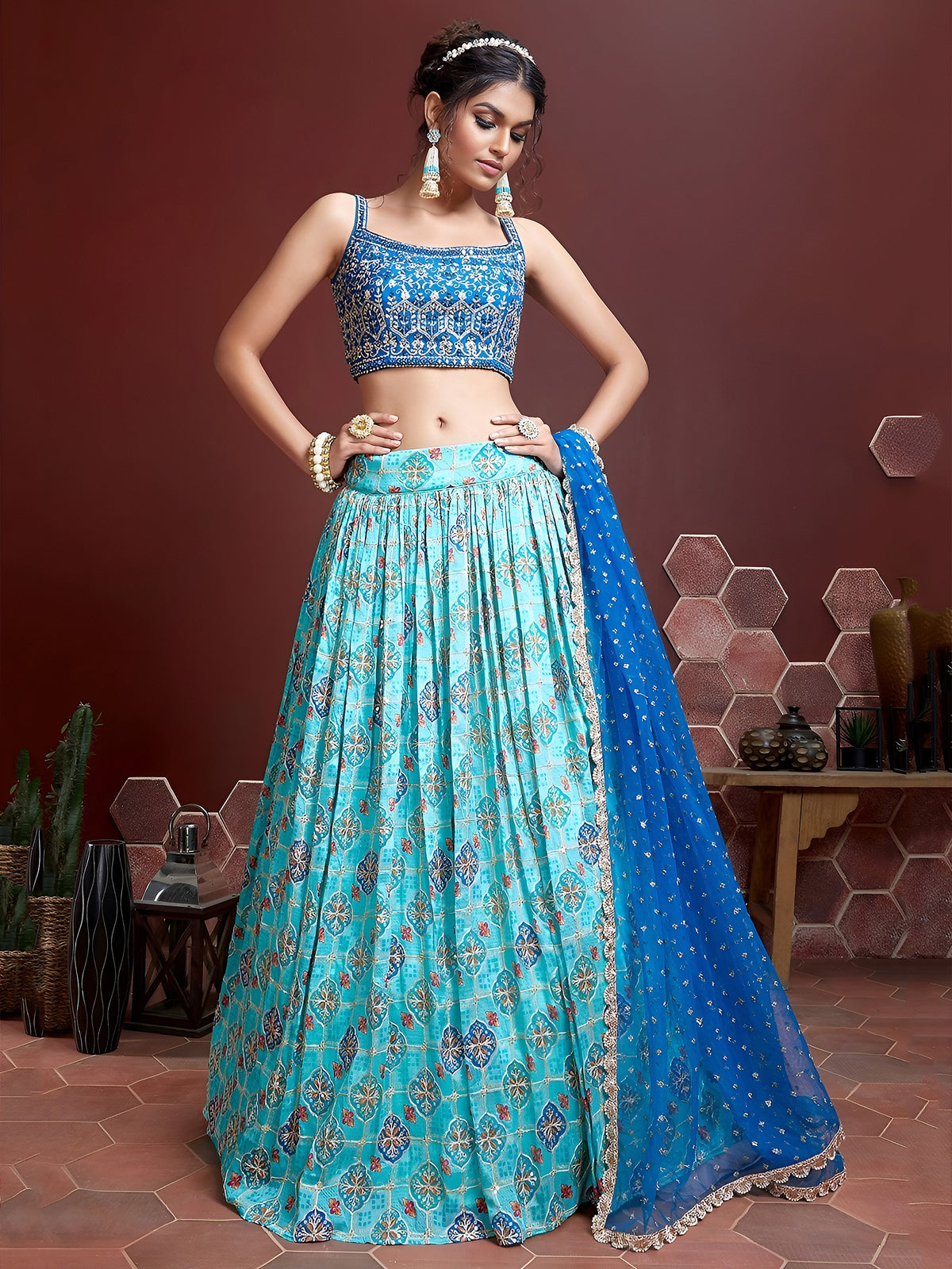 Turquoise Blue Floral Lehenga Choli with Royal Blue Dupatta