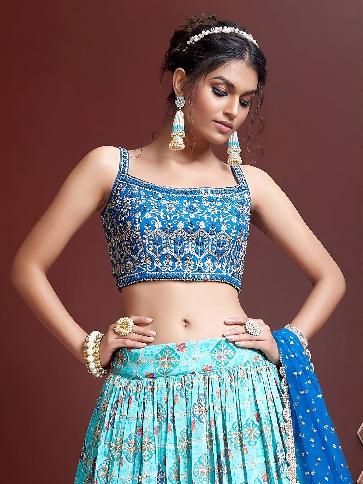 Turquoise Blue Floral Lehenga Choli with Royal Blue Dupatta
