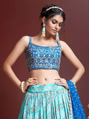 Turquoise Blue Floral Lehenga Choli with Royal Blue Dupatta