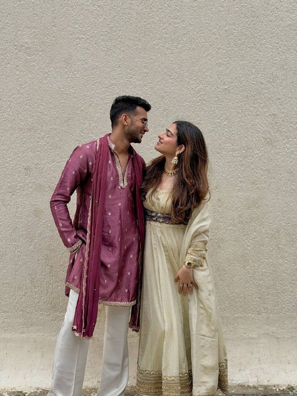 Ivory Chinon Silk Anarkali Pant Set with Embroidered Koti & Dupatta