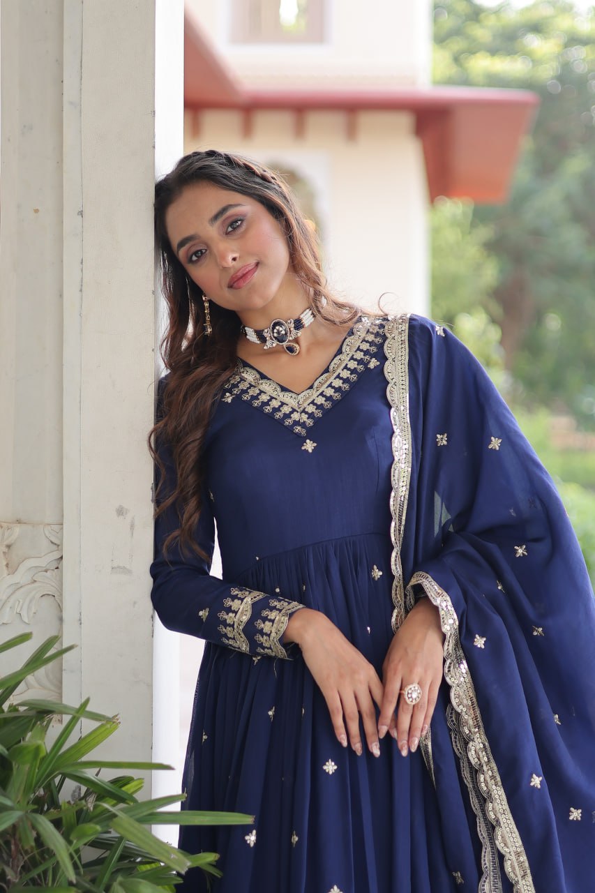 Luxury Sequins Embroidered Vichitra Silk Gown Set