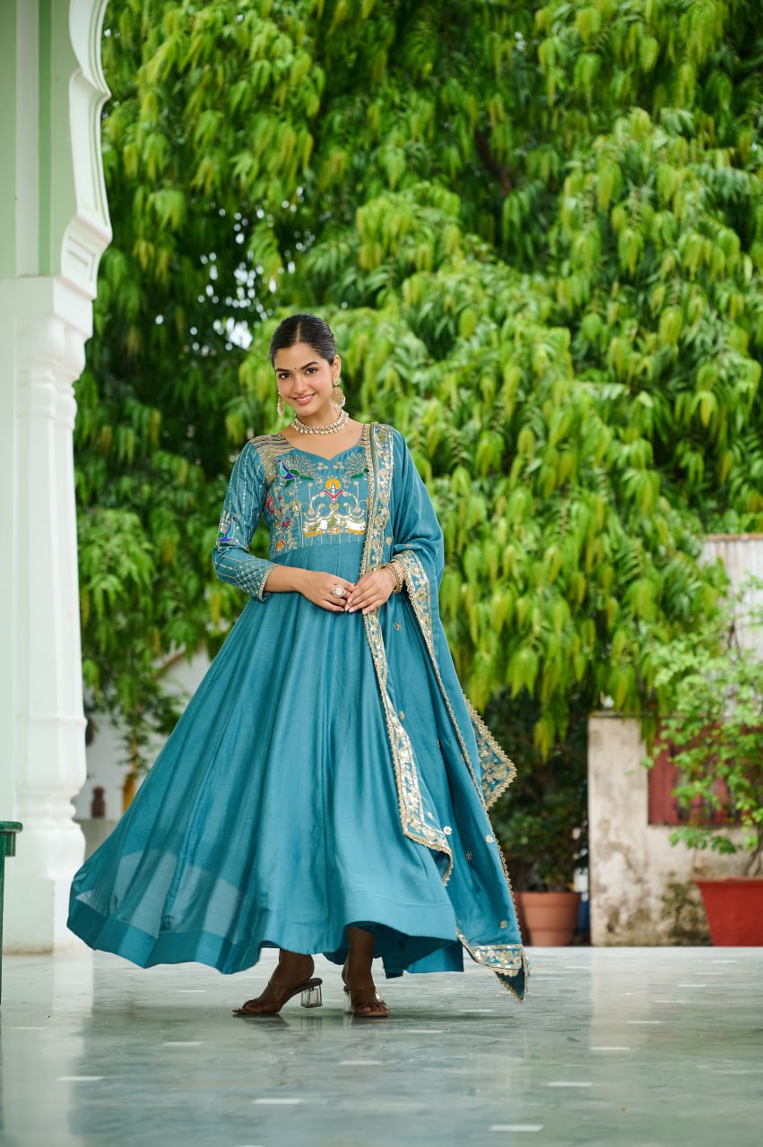 Graceful Sequins & Zari Embroidered Vichitra Silk Gown