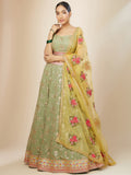 PISTA Green Floral Embroidered Lehenga Choli with Yellow Dupatta