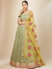 PISTA Green Floral Embroidered Lehenga Choli with Yellow Dupatta