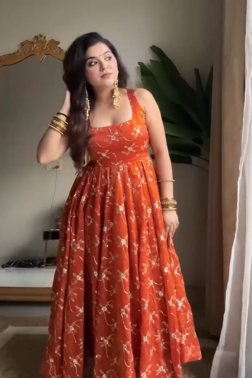 Classy Orange Pure Tissue Silk Anarkali Set with Hand Embroidery