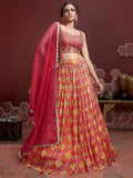 Red and Yellow Bandhani Print Lehenga Choli with Pink Dupatta