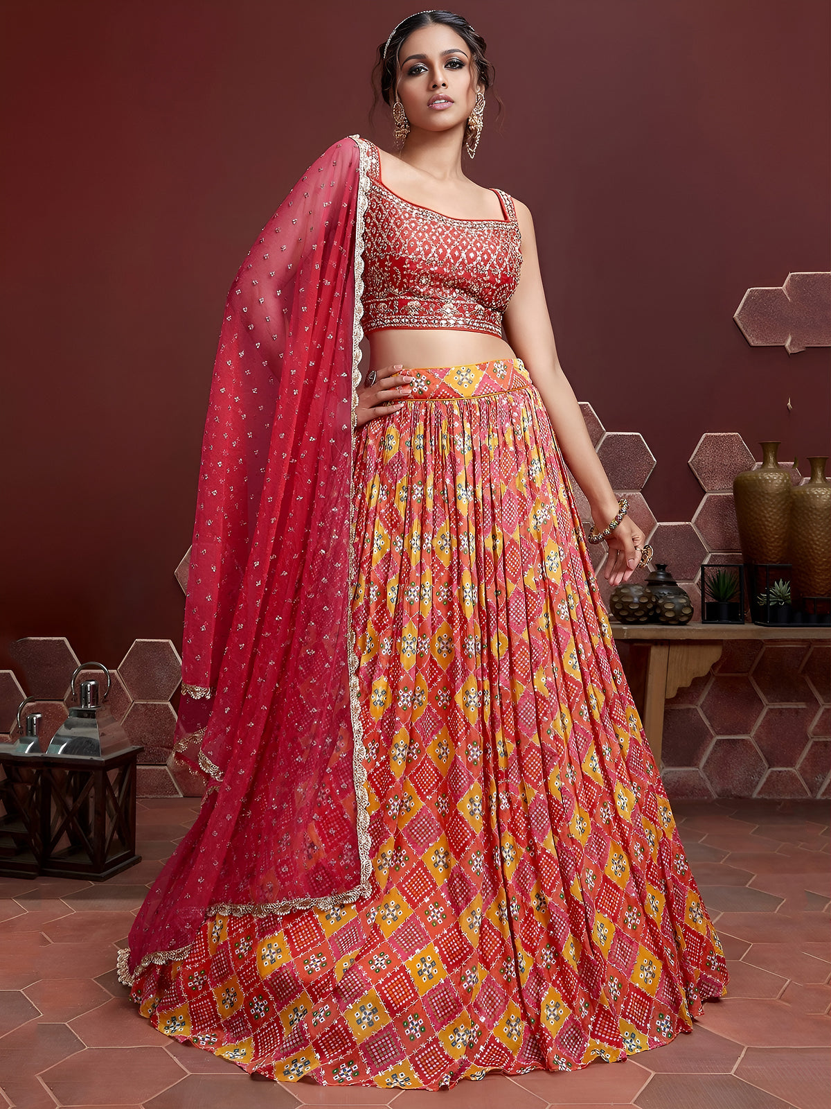 Red and Yellow Bandhani Print Lehenga Choli with Pink Dupatta