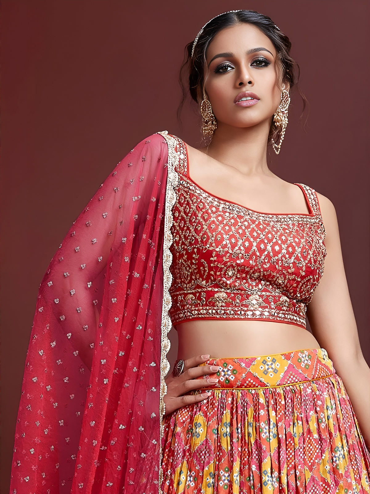 Red and Yellow Bandhani Print Lehenga Choli with Pink Dupatta