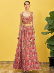 Coral Pink Embroidered Lehenga Choli with Dupatta