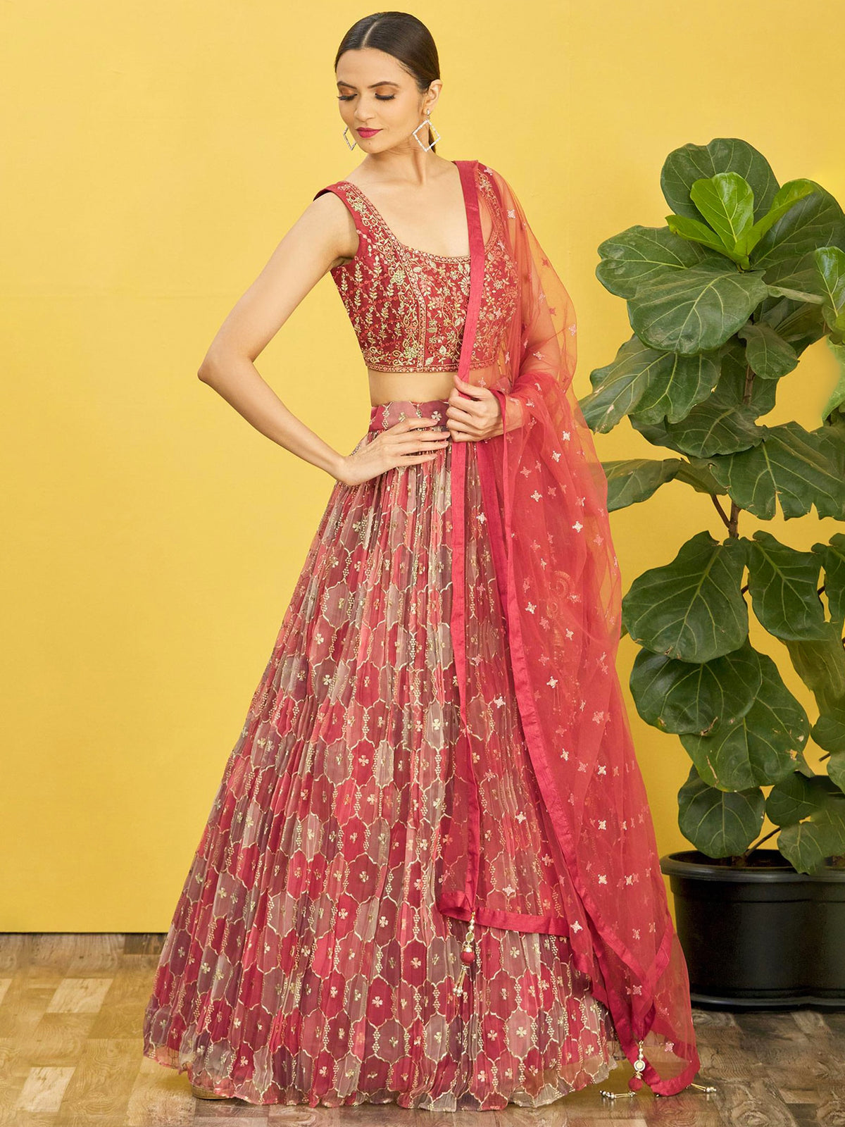Coral Pink Embroidered Lehenga Choli with Dupatta