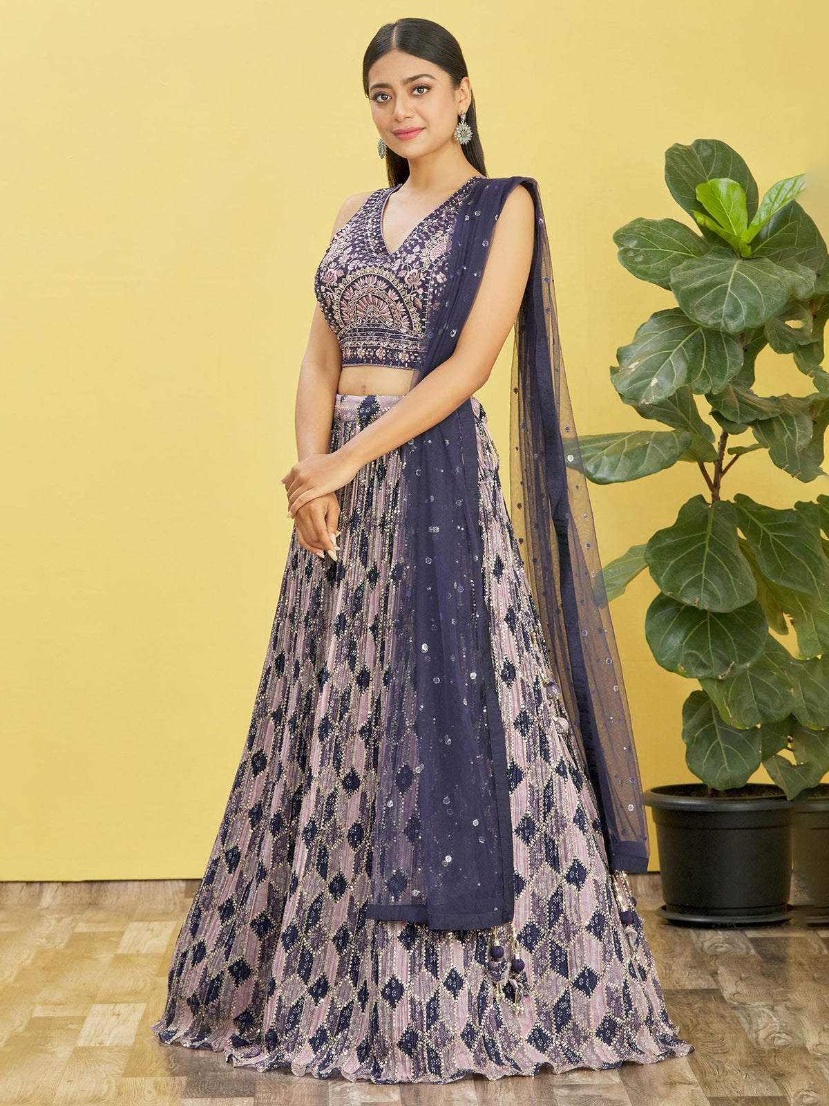 Navy Blue & Lavender Embroidered Lehenga Choli with Dupatta