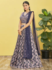 Navy Blue & Lavender Embroidered Lehenga Choli with Dupatta