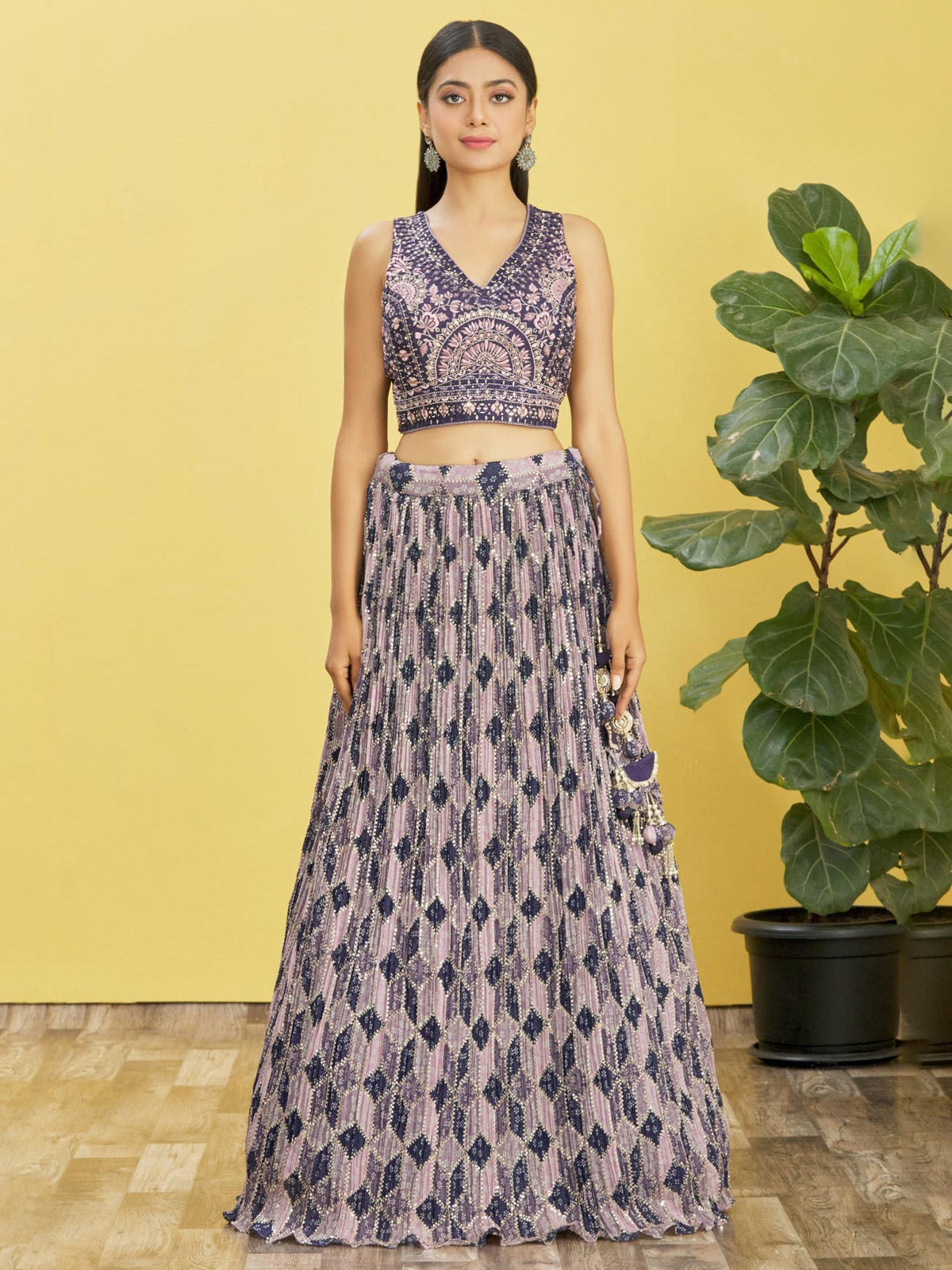 Navy Blue & Lavender Embroidered Lehenga Choli with Dupatta